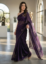 Dark Purple Silk Saree with Katdana & Pearl Handwork + Blouse Piece 3