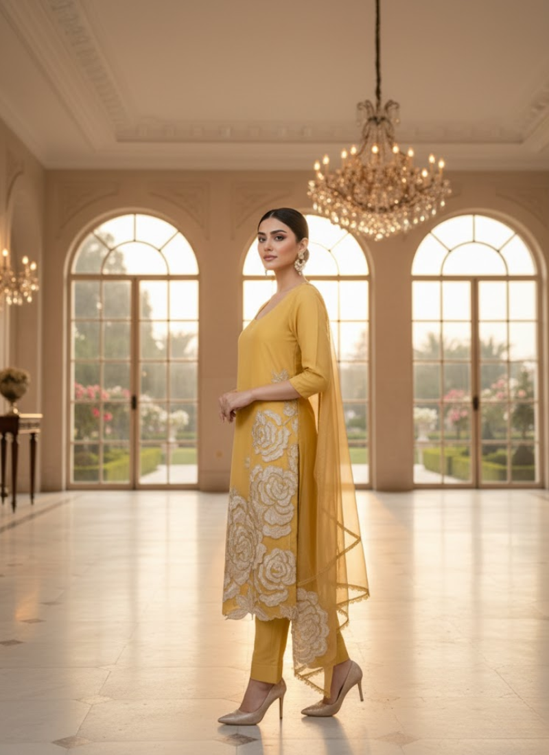 Yellow Gold Silk Organza Salwar Kameez with Cut Work Dupatta