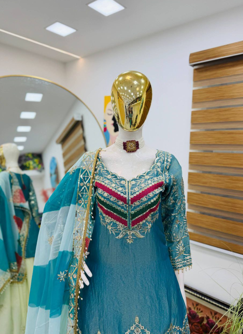 Crunchy Silk Sharara Suit with Heavy Sequins Embroidery + Dupatta