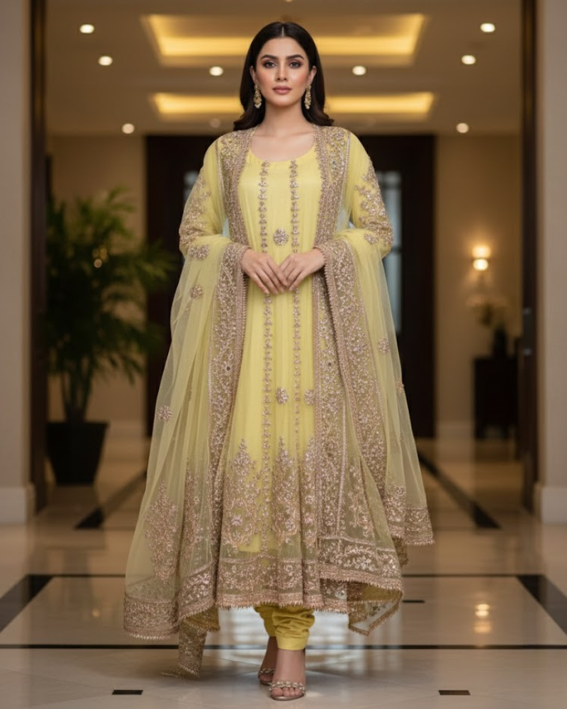 Yellow Net Pakistani Anarkali Dress – Gota Patti Hand Work