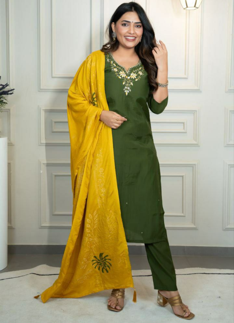 Mahendi Roman Silk Punjabi Suit with Handwork & Jacquard Dupatta