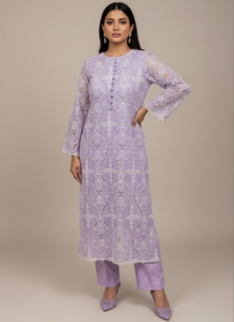Lilac Silk Chikankari Co-Ord Set with Divider Bottom - View 6