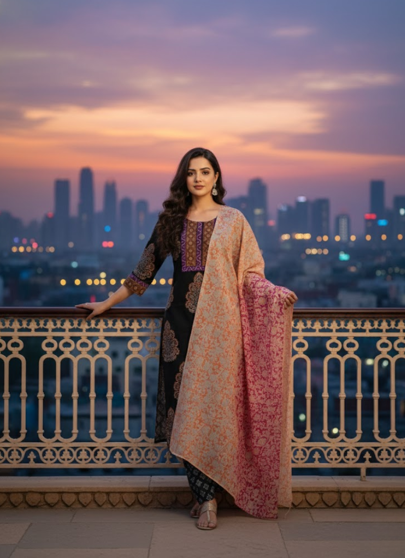 Cotton Block Printed Salwar Suit – Black & Orange