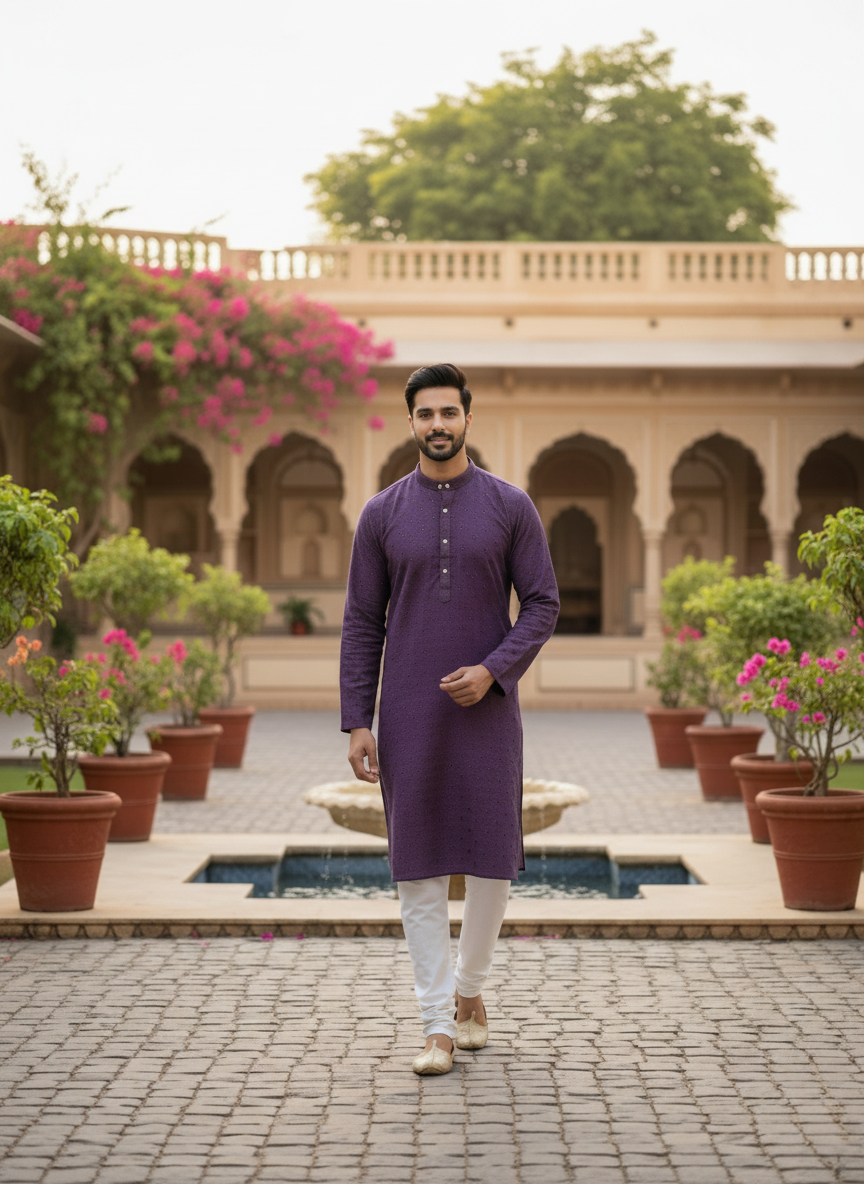 Men’s Kurta – Light Purple Linen Cotton with Embroidery