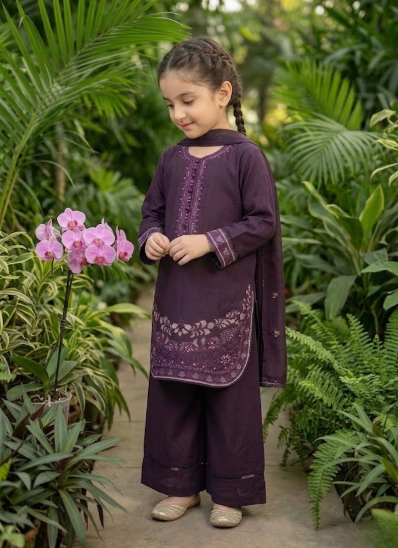 Girl’s 3‑Piece Embroidered Cotton Midi Shirt Set