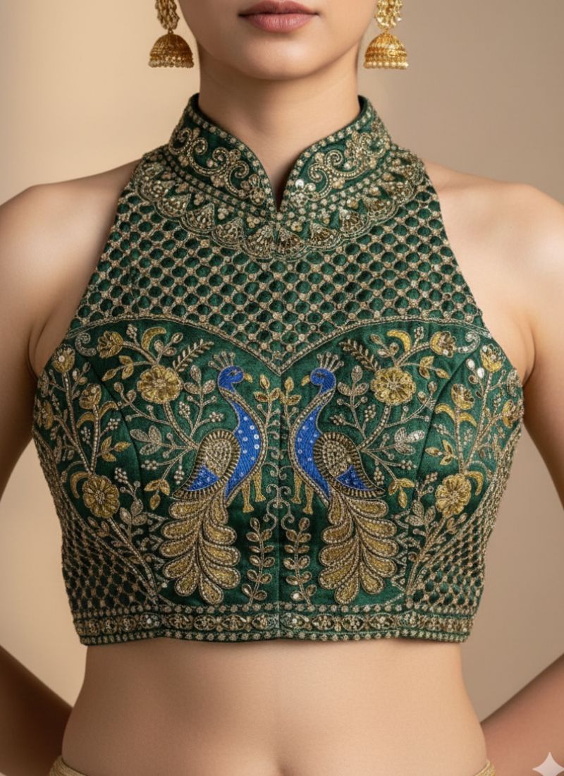 Peacock Silk Party Blouse with Hand Work
