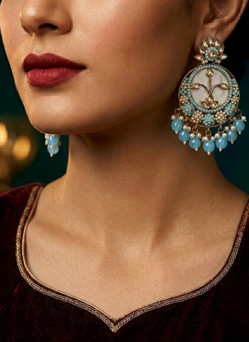 Sky Blue Kundan Chandbali with Moti Work - View 3