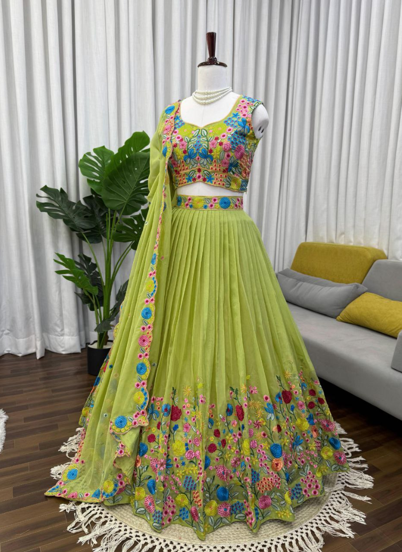 Tabby Organza Silk Lehenga Choli with Thread & Sequins Embroidery + Lace Dupatta