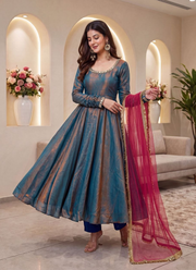 Designer Sindoor Silk Anarkali Gown Set – Mirror Lace with Dupatta & Bottom 5