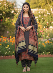 Pure Modal Ajrak Salwar Kameez Suit – Navy Blue with Dupatta 1