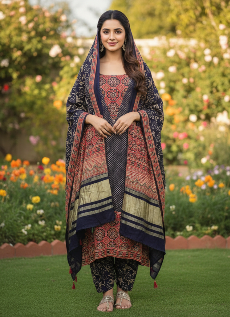 Pure Modal Ajrak Salwar Kameez Suit – Navy Blue with Dupatta
