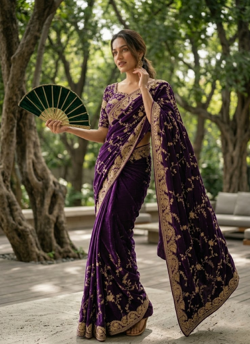 Space Silk Saree – Sequin & Zari Embroidery with Matching Blouse