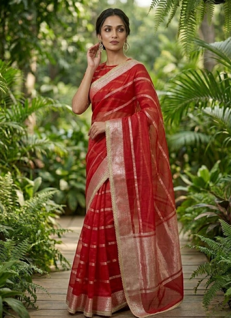 Red Banarasi Organza Saree with Blouse Piece