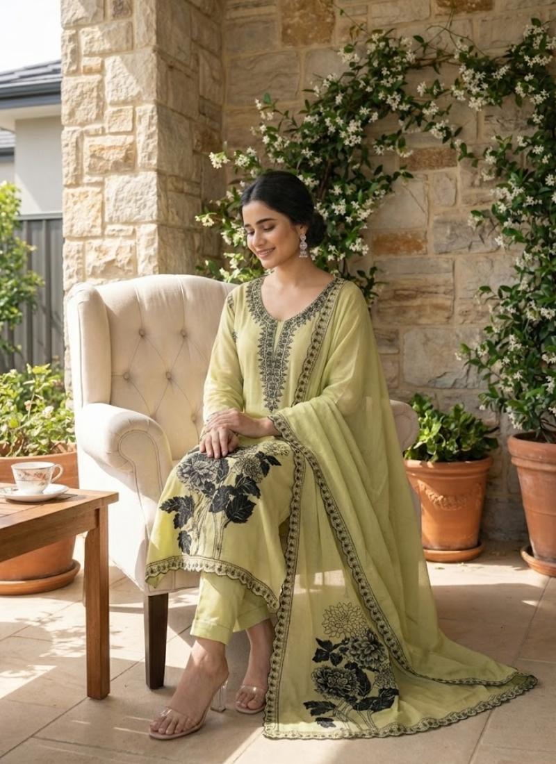 Light Lemon Maslin Salwar Suit with Black Thread Embroidery