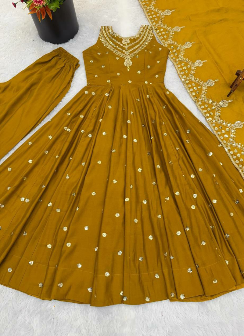 Anarkali Suit in Roman Silk with Sequins Embroidery + Chanderi Dupatta