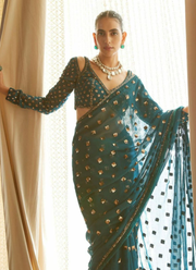 Dark Sea Green Saree in Faux Georgette with Heavy Sequins Embroidery + Silk Blouse 4
