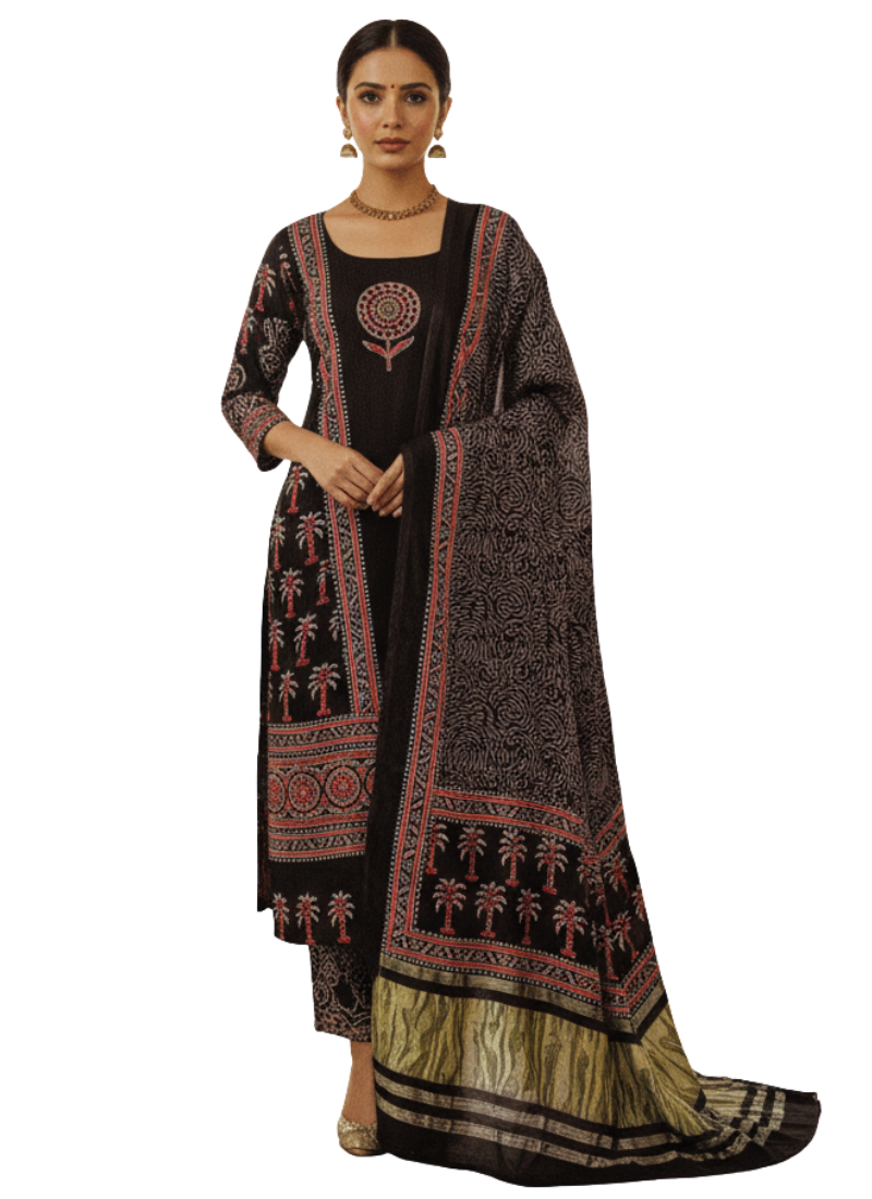 Green Ajrak Salwar Suit – Pure Modal with Jari Border Dupatta