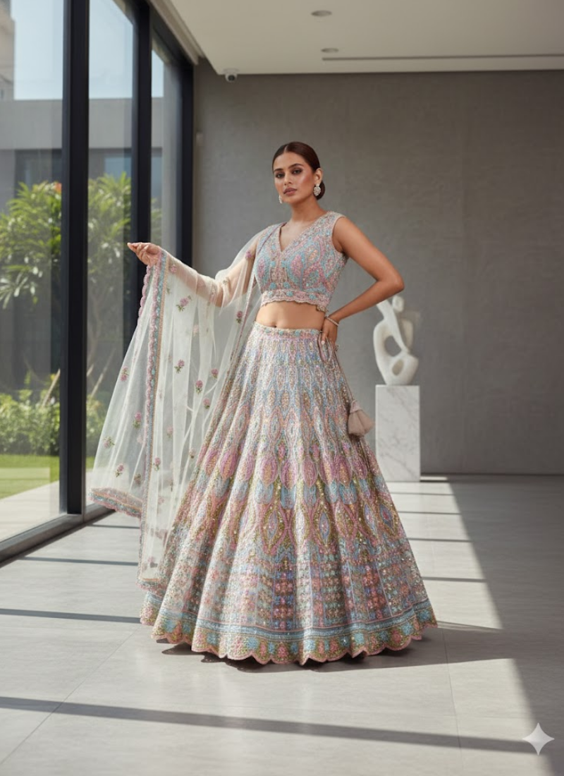 Soft Net Lehenga Choli with Mirror Embroidery
