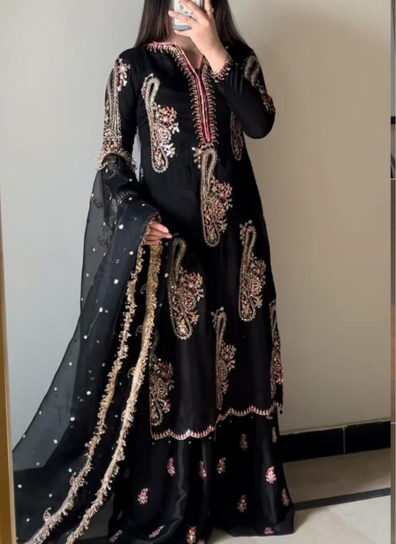 Heavy Chinon Palazzo Suit with Sequins Embroidery + Dupatta