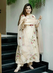 Cream Anarkali Suit in Pure Chanderi Silk with Embroidery + Organza Dupatta 4