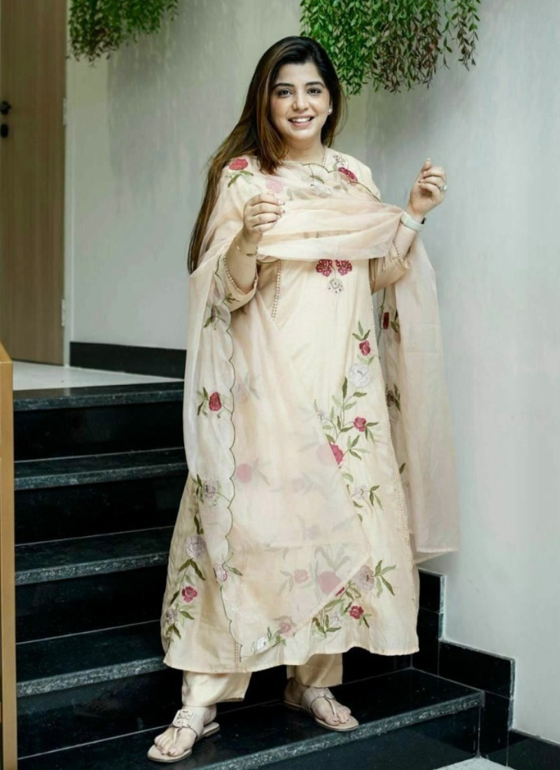 Cream Anarkali Suit in Pure Chanderi Silk with Embroidery + Organza Dupatta