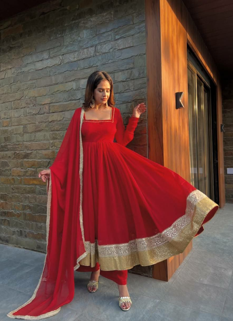 Red Anarkali Gown in Heavy Faux Blooming with Plazzo & Dupatta