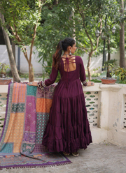 Roman Fabric Anarkali Gown with Mirror Lace & Maslin Dupatta (Sizes L–Free Fit) 5