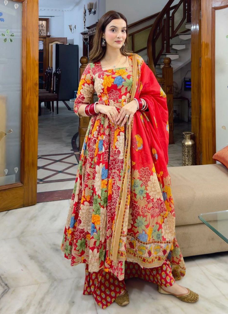 Red Cotton Chanderi Anarkali Dress with Vibrant Floral Print