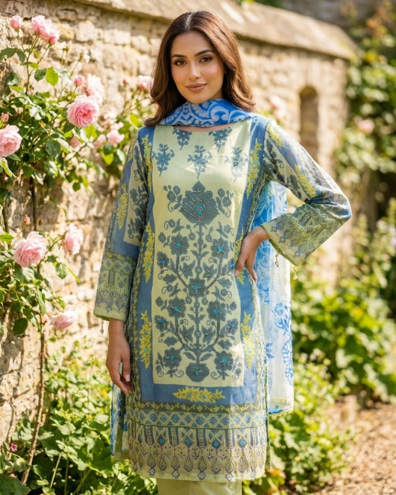 Green & Blue Organza Salwar Suit – Floral Print & Pipe Work