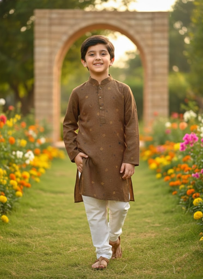 Kids Linen Kurta with White Cotton Pyjama