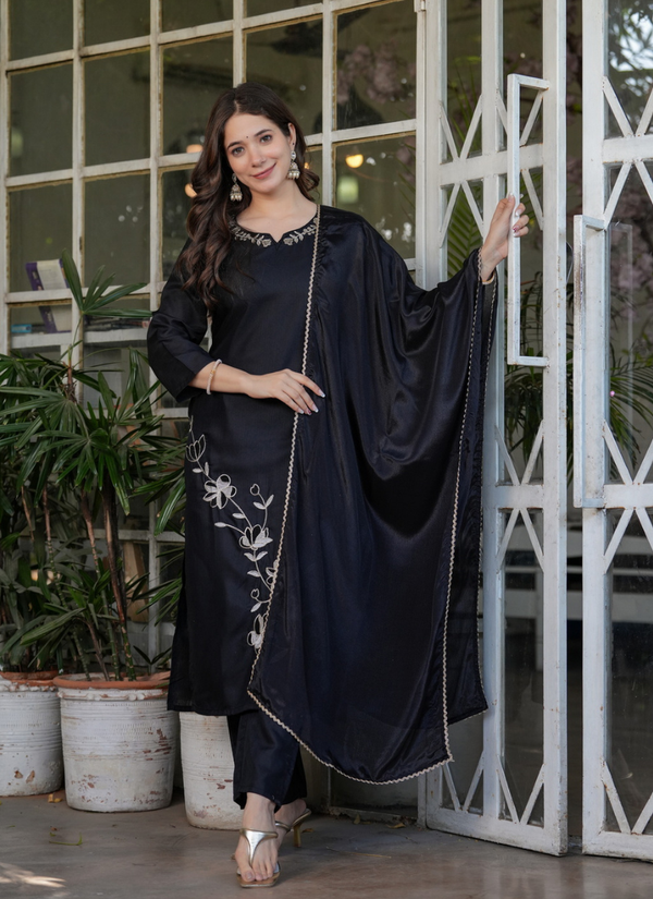 Black Rayon Kurta Set with Dupatta