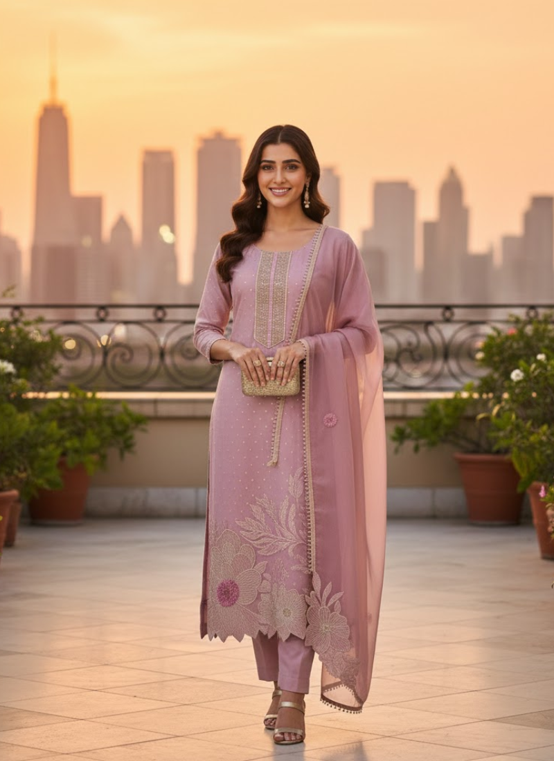 Light Purple Straight Salwar Suit with Lace & Maslin Dupatta