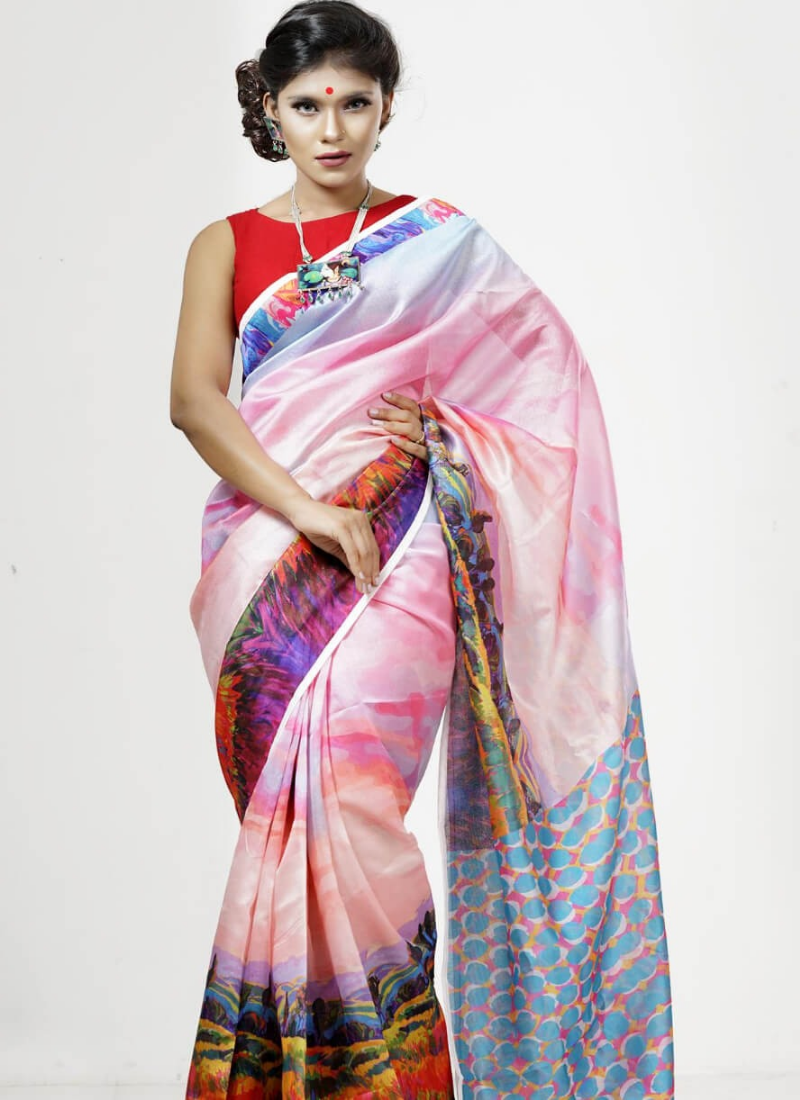 Pink Tashar Silk Saree – Forest Tree Artistic Print