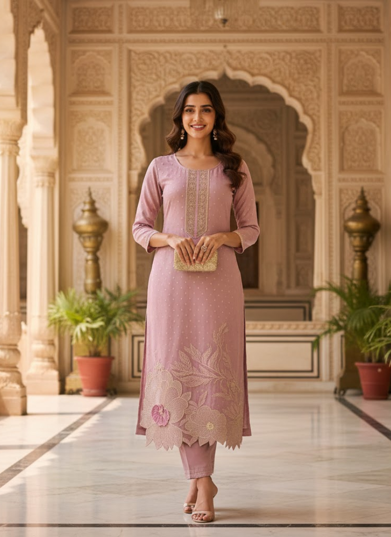 Light Purple Straight Salwar Suit with Lace & Maslin Dupatta