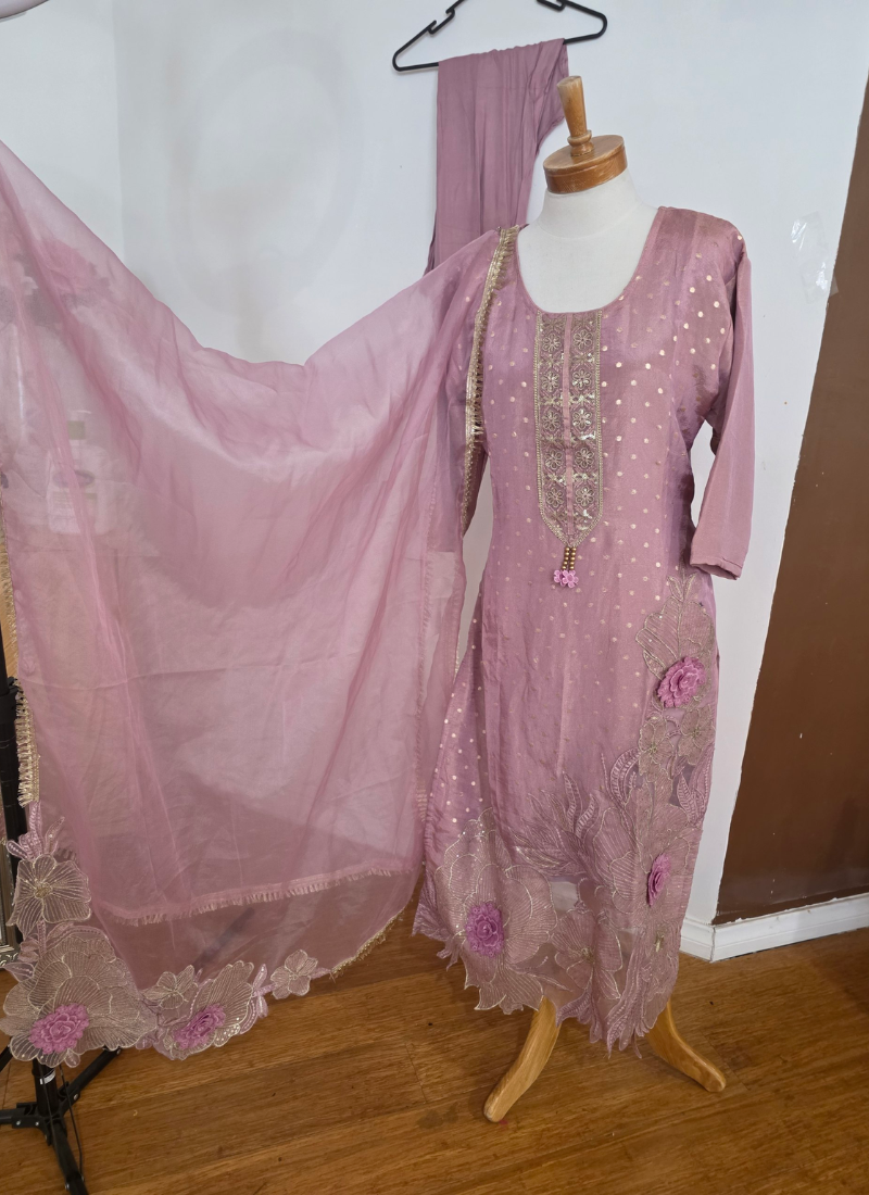 Light Purple Straight Salwar Suit with Lace & Maslin Dupatta