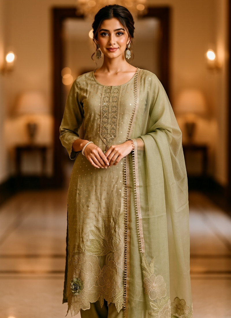 Light Green Straight Salwar Suit with Lace & Maslin Dupatta