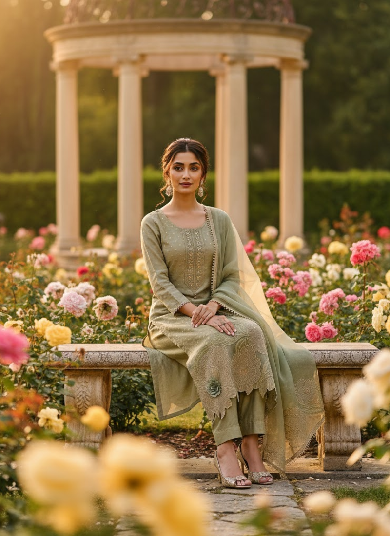 Light Green Straight Salwar Suit with Lace & Maslin Dupatta