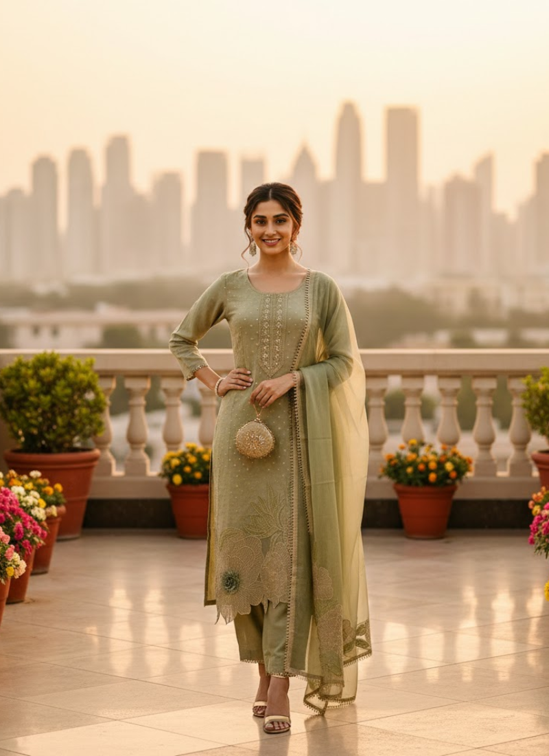 Light Green Straight Salwar Suit with Lace & Maslin Dupatta
