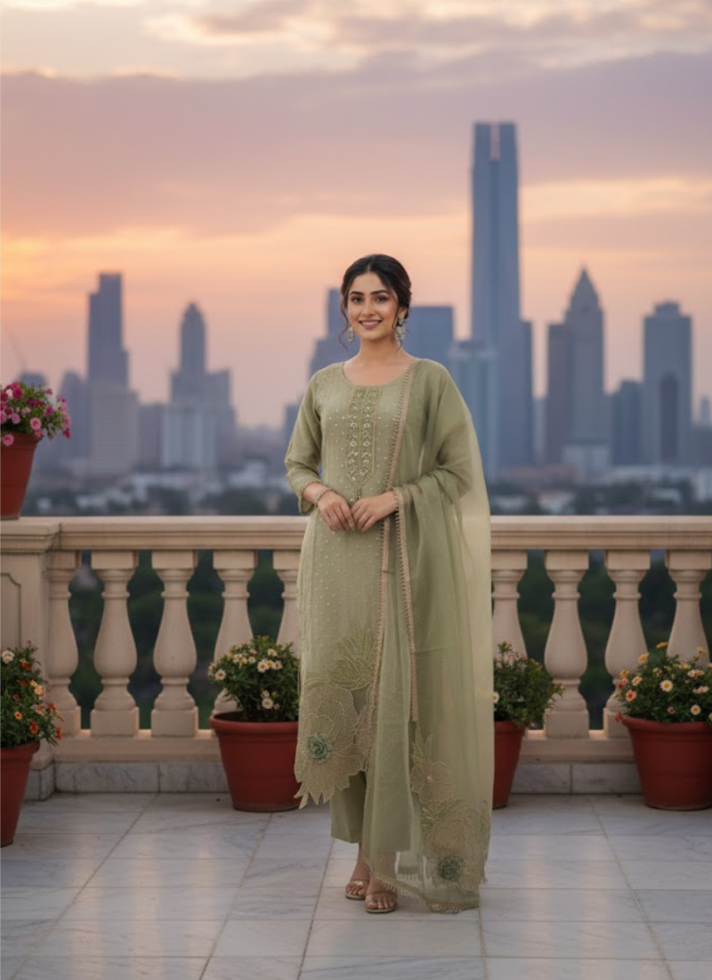 Light Green Straight Salwar Suit with Lace & Maslin Dupatta