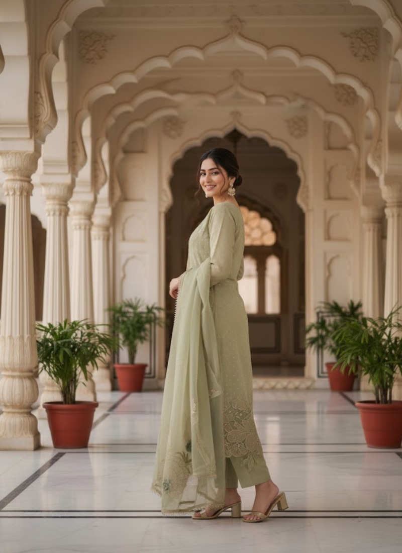 Light Green Straight Salwar Suit with Lace & Maslin Dupatta