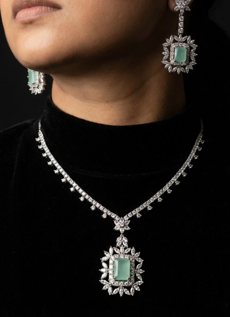 Diamond Cut Necklace & Earring Set with Blue Stone Setting