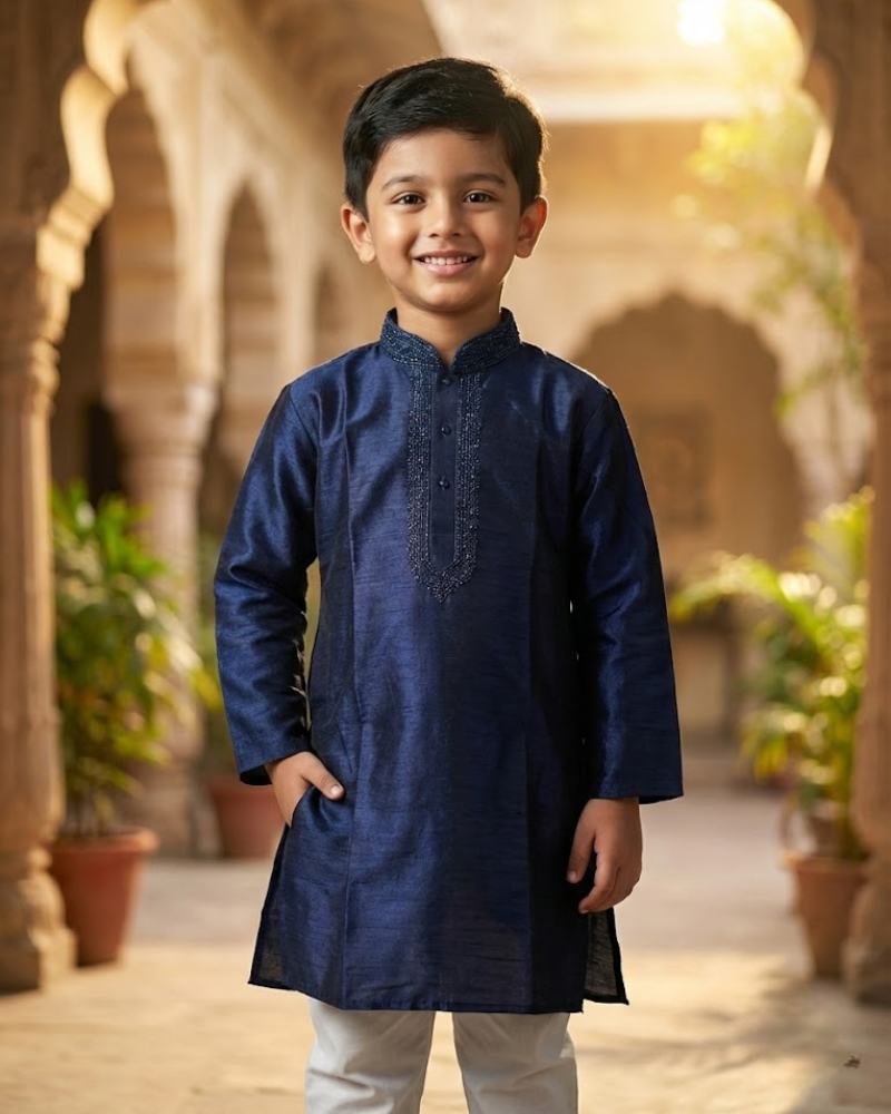 Kids Navy Blue Raw Silk Kurta with White Cotton Pyjama