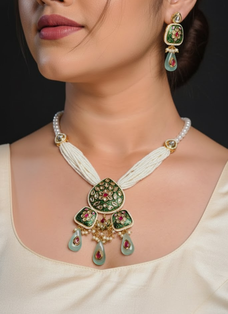 Kundan Necklace Set with Artificial Pearls – Earrings & Pearls