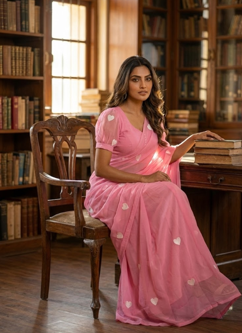 Pink Georgette Saree with Heart Embroidery & Stitched Blouse