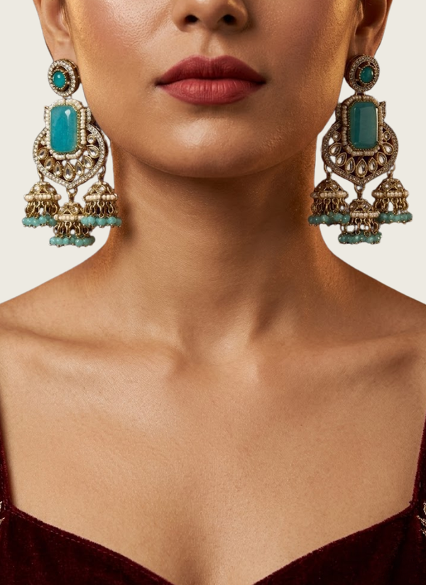 Sky Blue Kundan Earrings with Jhumki,custom wedding jewellery Perth designer