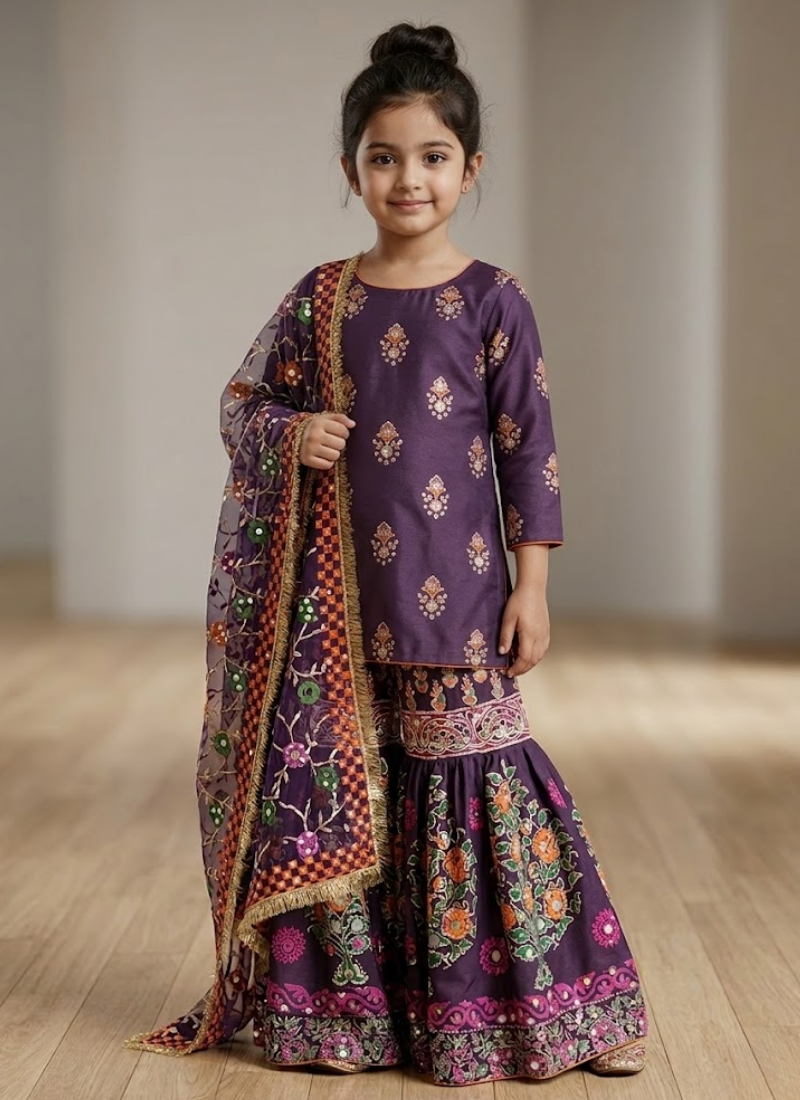 Kids Raw Silk Sharara with Block Print & Mirror Work - View 6