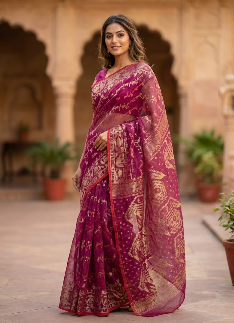 Dark Magenta Jamdani Saree with Mari Thread Work