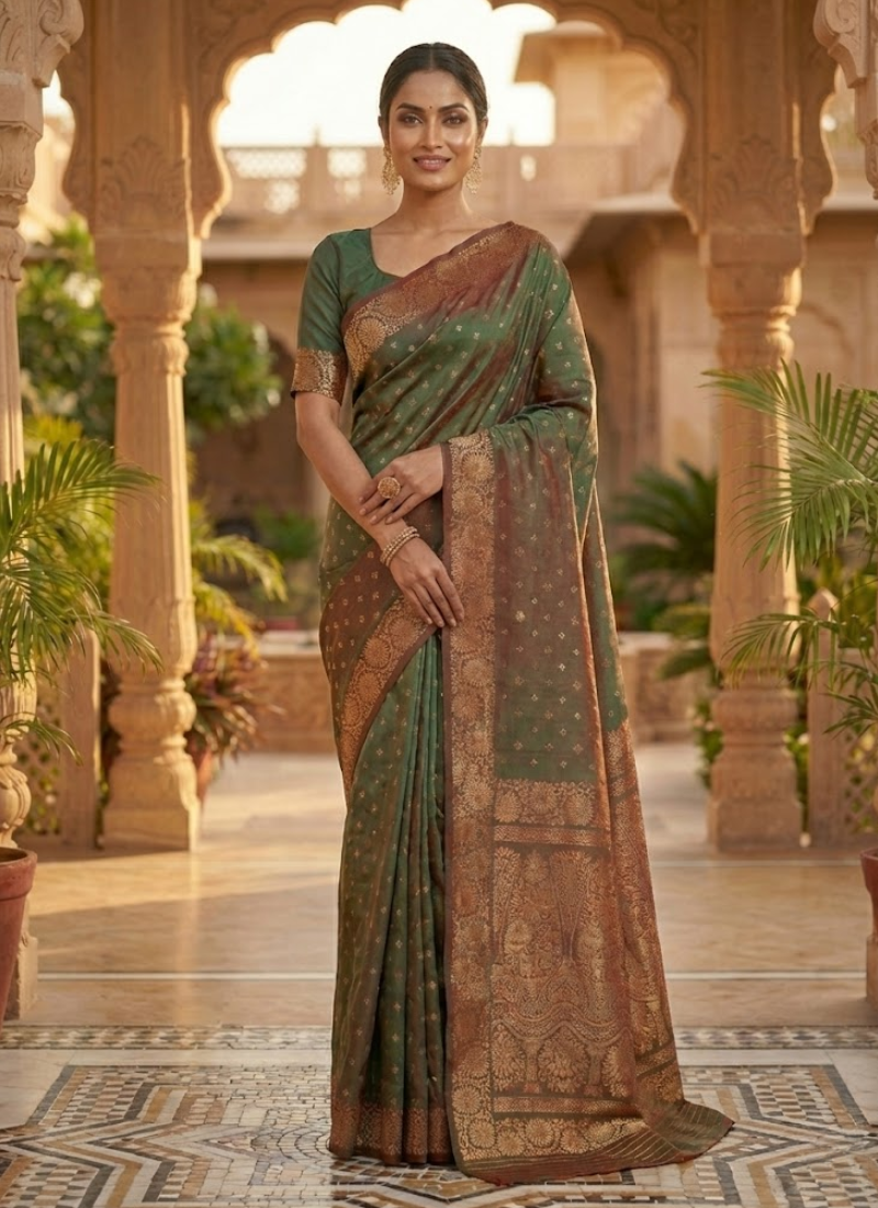 Green Katan Silk Saree with Zari and Blouse Piece