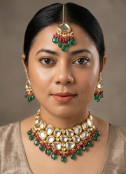 Kundan Necklace Set with Earrings & Tikka – Green & Red Beads 4