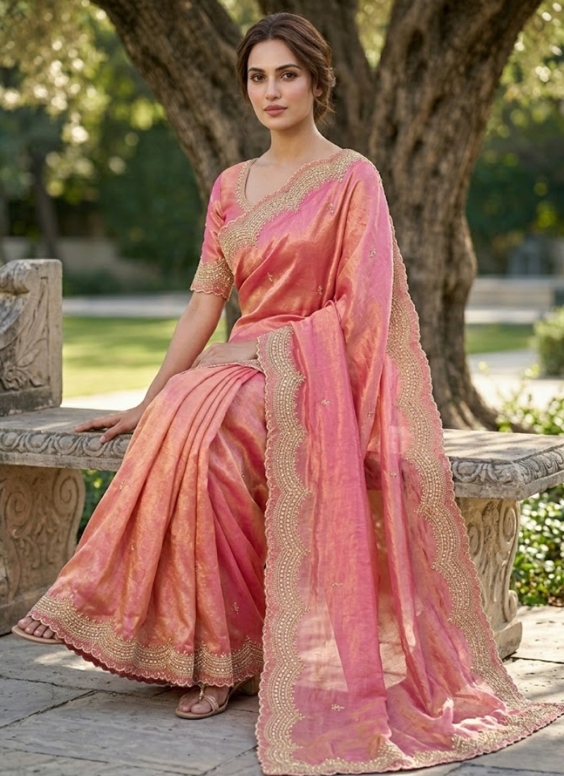 Fendy Satin Silk Saree – Gold Embroidery with Pearl Detailing & Matching Blouse